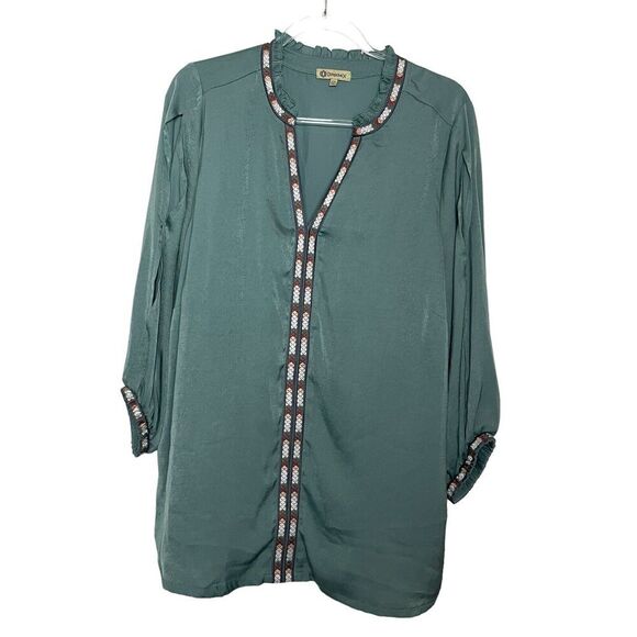 Democracy‎ Women's Size 1X V-neck Tunic Blouse Olive Green Cut Slits 3/4 Sleeves - Picture 1 of 6